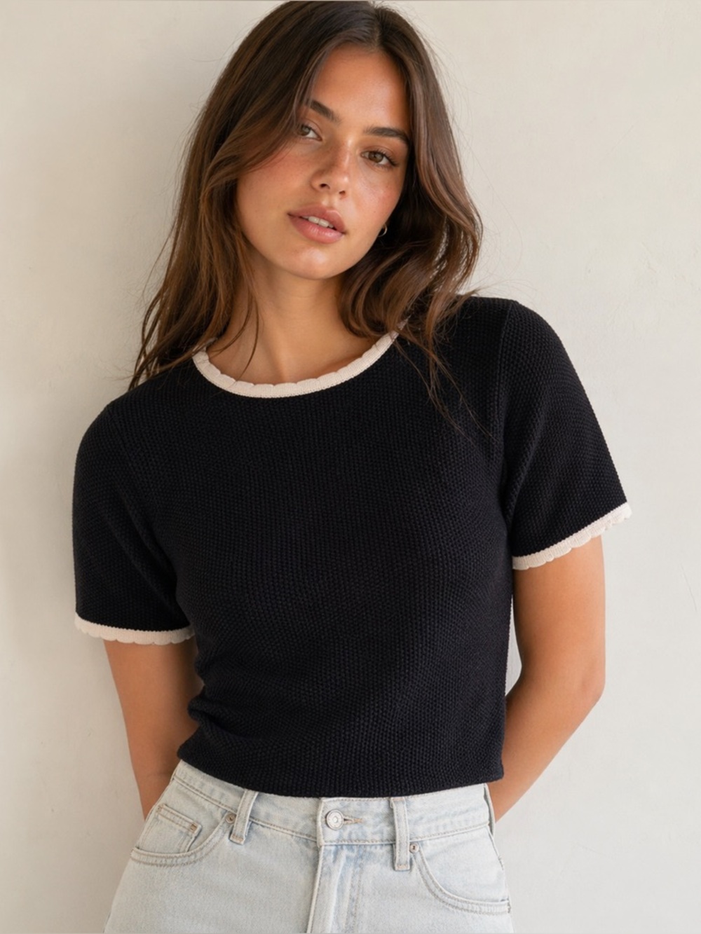 ASOS Black Short Sleeve Knit Top with Cream Trim S
